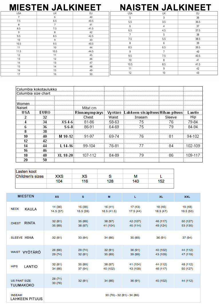 Columbia Snow Pants Size Chart